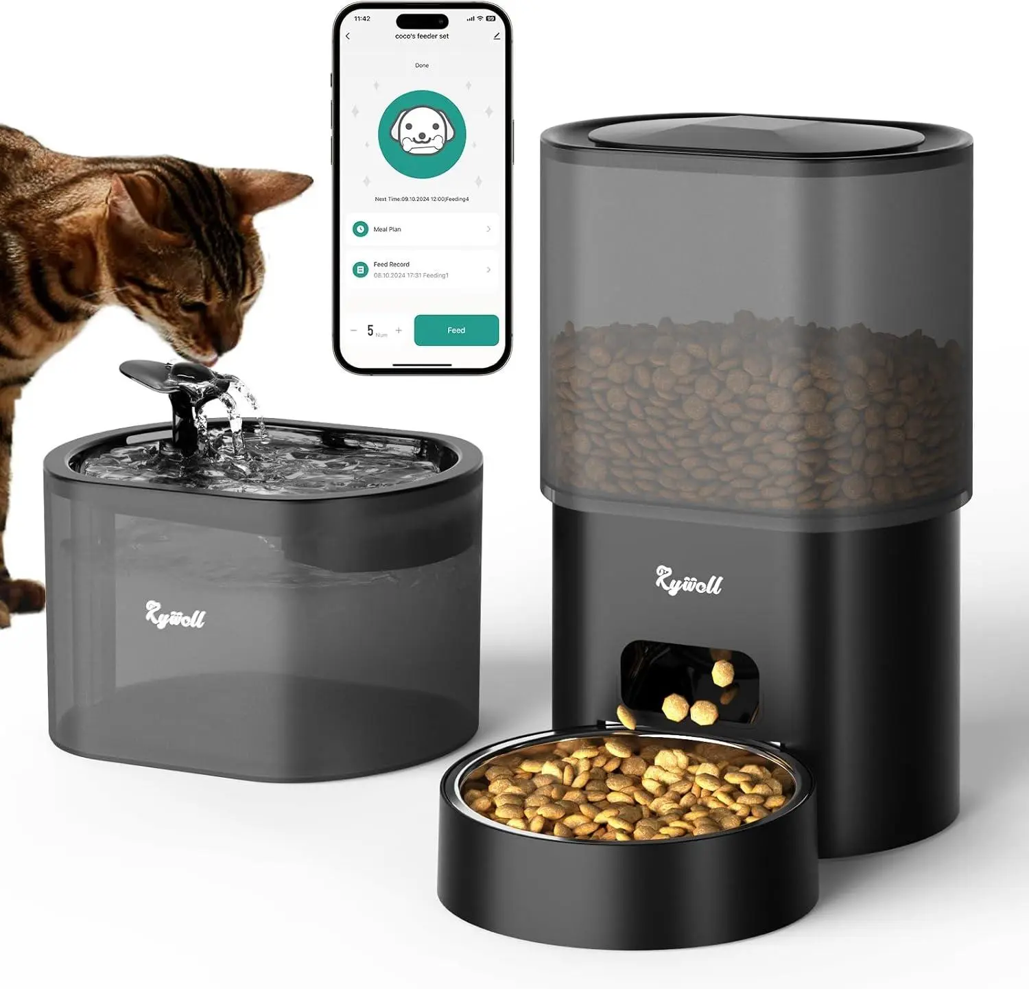 Automatic Pet Feeder & Water Fountain Set - App Control, 3L Dry Food Dispenser, 2.5L (85oz) Freestanding Fountain with Advanced Filtration, Stainless Steel Drinking Water Bowl & Food Tray for Cats, Dual Power, Hydration Boost, Keep Meals Fresh