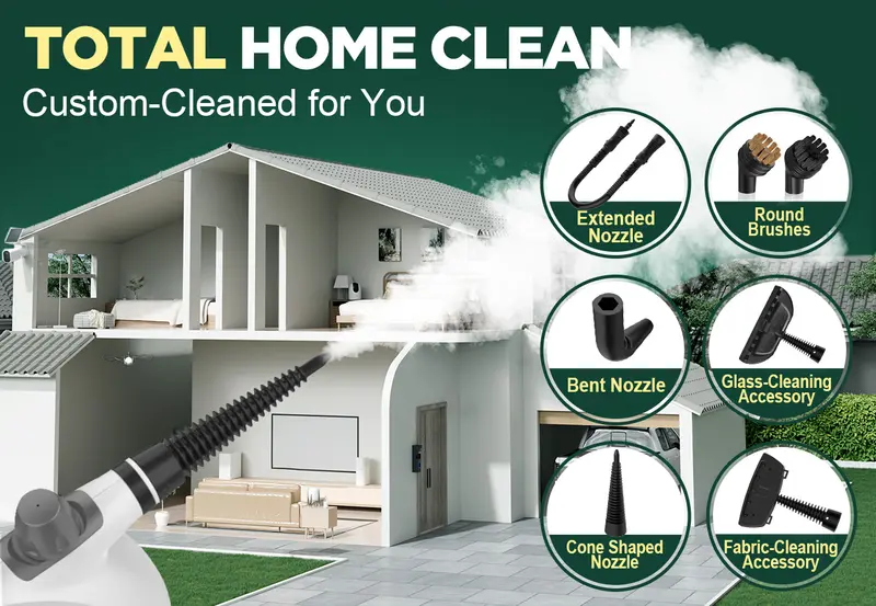 Phueut 1050W 110V Pressurized Handheld Natural Steam Deep Cleaning Machine - Compact Corded Lightweight Multi-Surface Unit for Kitchen, Cars, with 12 Replacement Parts (4 Round Brushes), Child-Safe Cap, Cleaning Supplies Compatible