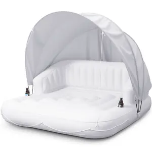 70in Tanning Pool Lounger Float 2 Person with Removable Sunshade Inflatable Pool Float for Family Friends Youths