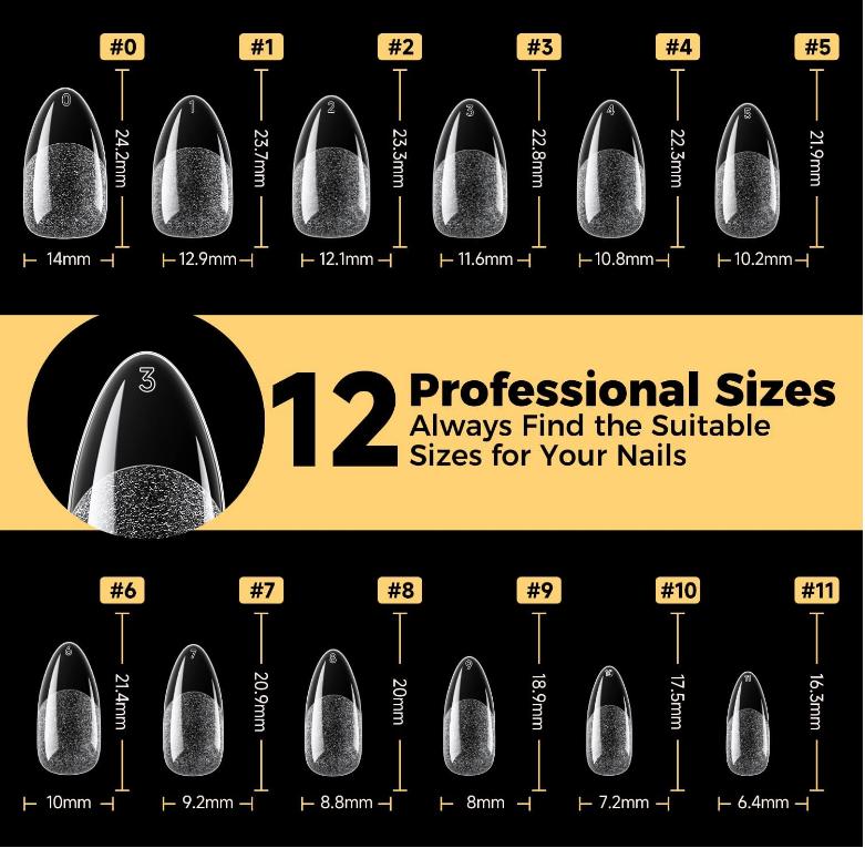 UNA GELLA Almond Gel Nail Tips 600 Pcs Pre Etched Medium Almond Shaped Nails Full Cover Press On Nails 12 Sizes Clear Fake Soft Gel Tips for Flat & Curved Nail Bed Extension Home DIY Salon