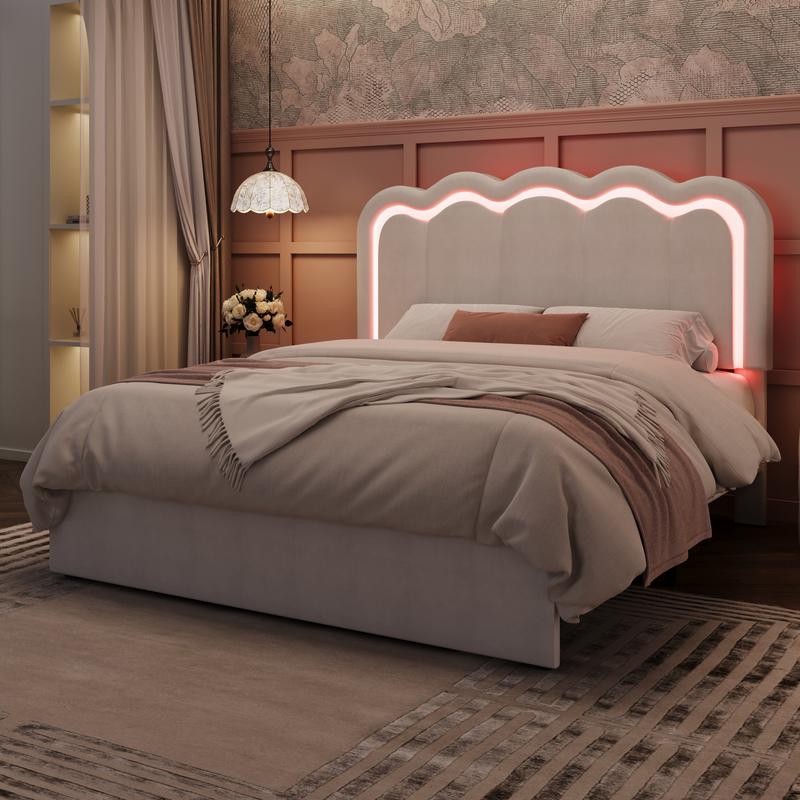 MUTIOCR Velvet Upholstered Bed Frame with Smart LED Lights Large Storage Drawer Adjustable Wavy Headboard No Box Spring Needed Twin Full Queen Sizes White Black Cream Pink MUTIOCR Velvet Upholstered Bed Frame with Smart LED Lights Large Storage Drawer Adjustable Wavy Headboard No Box Spring Needed Twin Full Queen Sizes White Black Cream Pink