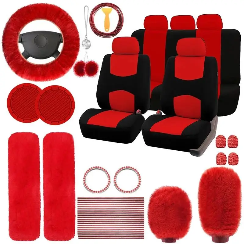 Women's Luxury Car Seat Cover Set, Car Interior Accessories, Spring/Summer Thin Car Seat Covers, Plush Steering Wheel Cover, Shoulder Pads, Gear Shift Cover, Cup Pads, Rearview Mirror Ornaments, Decorative Strips, Starter Rings Suitable for SUVs and Sedan