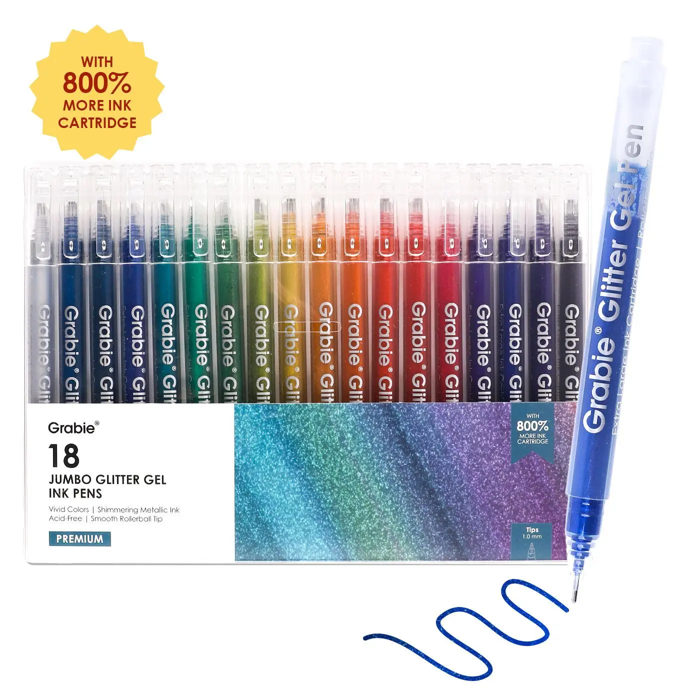 Grabie 18-Piece Jumbo Glitter Gel Art Pens Set - 800% More Ink, 18 Vibrant Colors, 1.0mm Rollerball Tip, Smooth Writing, Acid-Free & Non-Toxic, Multicolor Precision Pens, 5 Free Coloring Pages, Back to School Class Reward Gift Idea, Multicolor Pens