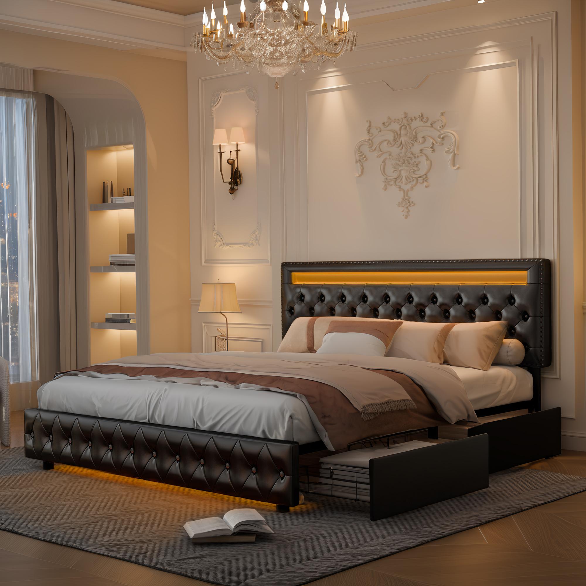 GEGOFORU Queen LED Bed Frame with Storage Drawers – Smart RGB Lights, Adjustable Upholstered Headboard, Modern Platform Bed, No Box Spring Needed | Christmas Gift