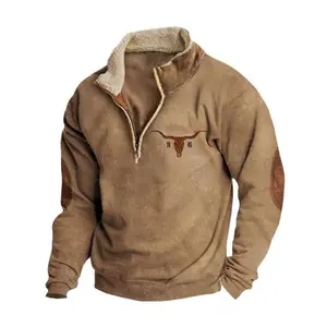 Men's Western Fleece Jacket Cowboy Bull Head Print Pullover 1/4 Zip Stand Collar LongSleeve Sweatshirts