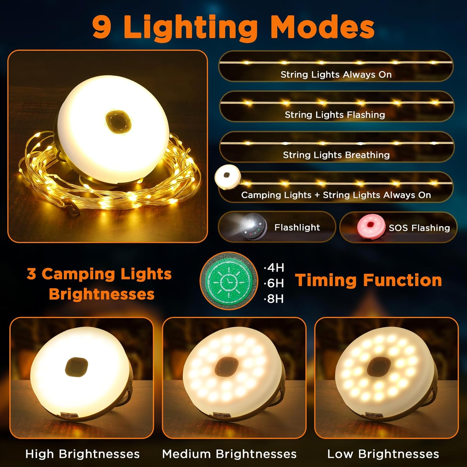 Solar Camping String Lights, 33FT Waterproof Camping Lights with 3 Lighting Modes, 4 in 1 Rechargeable Outdoor Camp lamp With Timer 4/6/8h , Portable Tent Lantern for Hiking, Yard, Party Decor