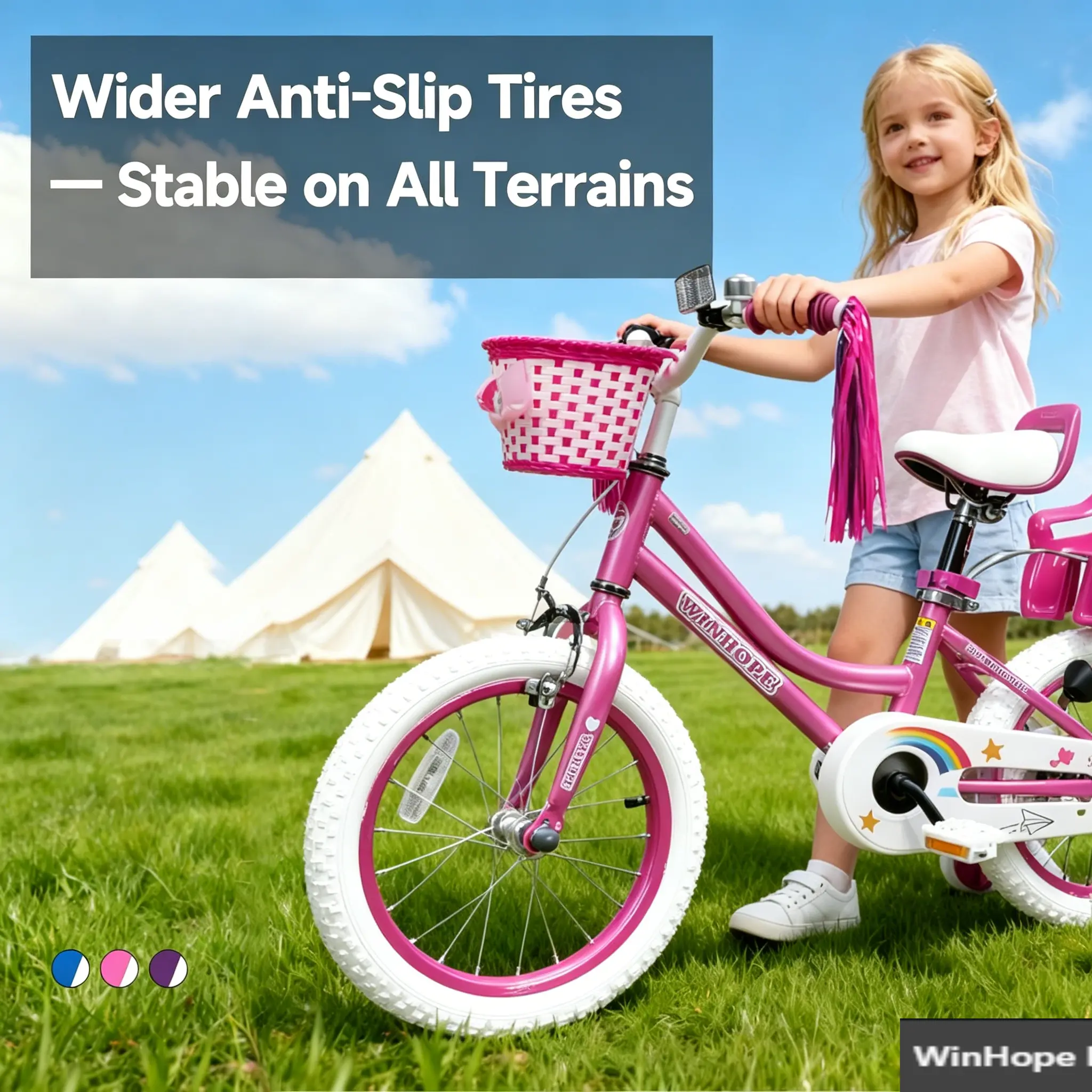 WINHOPE Little Fairy Children’s Bicycle for Ages 2–9 | 12–20 inches with training wheels, front basket, doll seat, handlebar streamers | 95% pre-assembled, dual brakes, adjustable seat/handlebar
