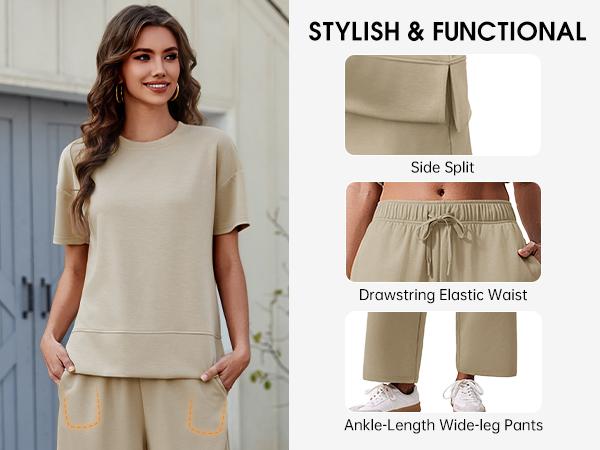 PINSPARK 2 Piece Sets for Women Soft Short Sleeve Matching Lounge Set Wide Leg Pants Tracksuit Travel Summe Travel Kitr Outfits 2025 PINSPARK 2 Piece Sets for Women Soft Short Sleeve Matching Lounge Set Wide Leg Pants Tracksuit Travel Summe Travel Kitr Outfits 2025