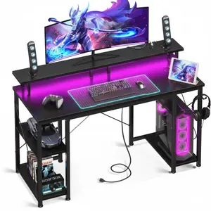 48 Inch Gaming Desk with LED Lights, Power Outouts & Monitor Stand, Computer Desk with Storage Shelf & CPU Stand, Home Office Workstation
