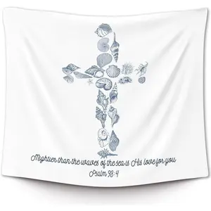 Christian Ocean Tapestry, Bible Verse Beach Coastal Cross Sea Shell Wall Tapestry Hanging for Beachy House Bedroom, Blue Easter Tapestries Wall Decor Art for Church Prayer RoomTapestry Decor