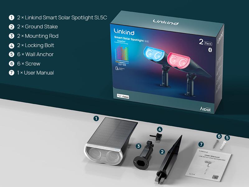 Linkind Smart Solar Lights SL5C Solar Spotlight Color Changing Spot Lights 2 Pack APP Control, Voice Control, Landscape Lighting, Outdoor, IP67 Waterproof, for Yard Garden Pathway