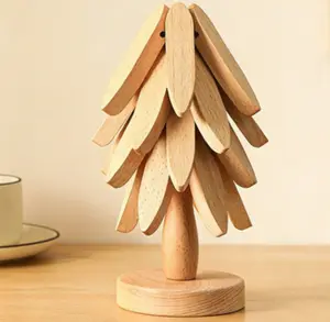 Natural Wooden Tree Trivet Set Christmas Tree Design Heat Resistant Foldable Walnut Wood Coasters with 4 Trivets 1 Stand Cute Kitchen Decor Art for Pots Bowls Coffee Mugs Teapots Hot Dishes Space Saving Holiday Gift Idea