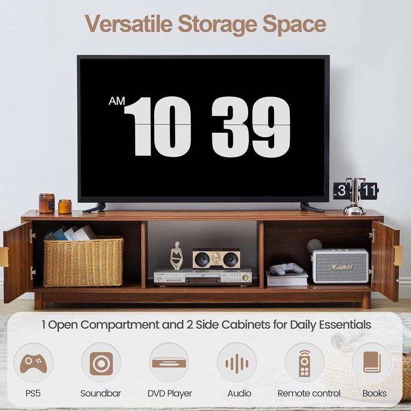 Giratree 62.2" Mid-Century Modern TV Stand, Curved Wooden Media Console with Slatted Storage Doors for 50–70 Inch TVs