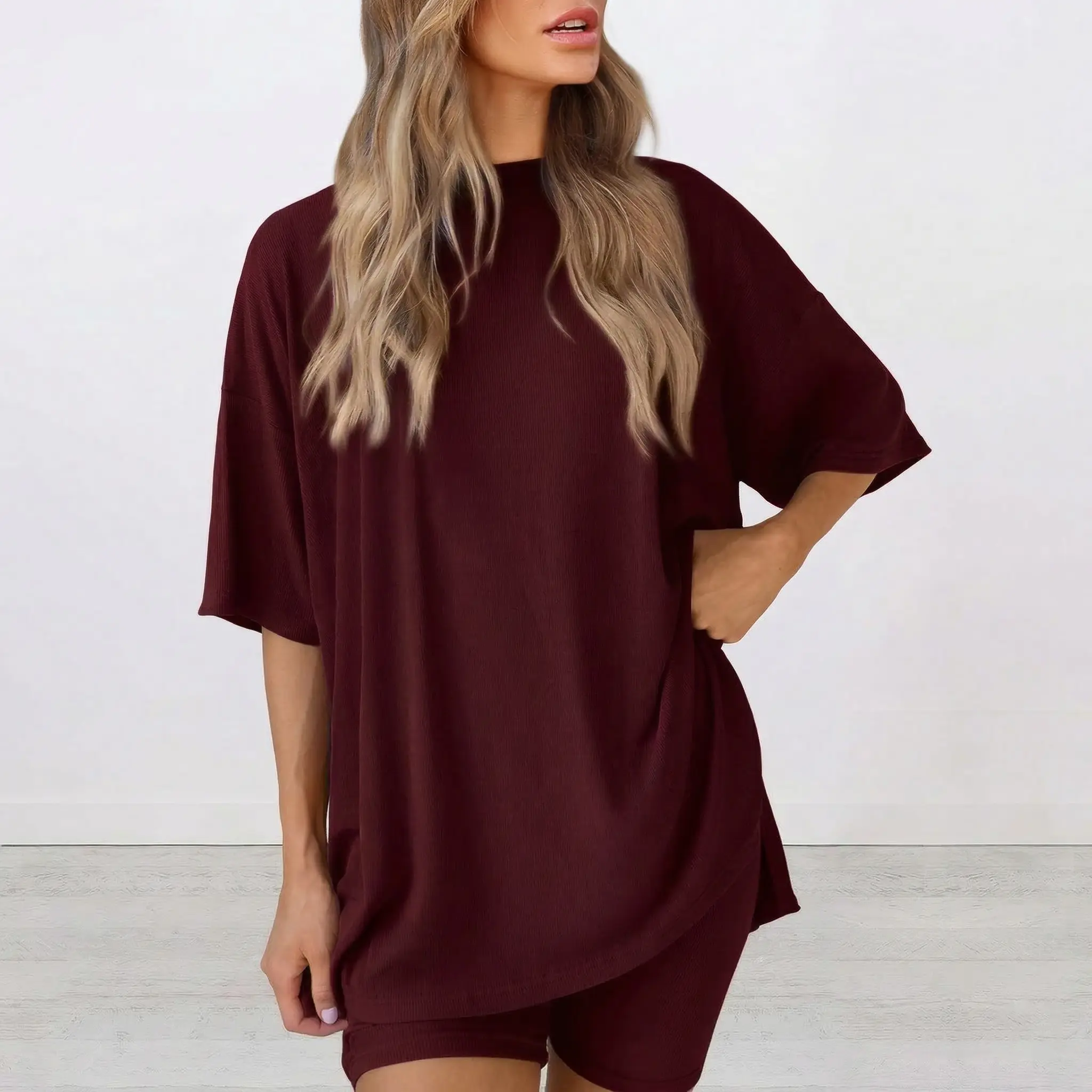 Women's 2 Piece Loungewear Set Ribbed Knit Oversized Short Sleeve T-Shirt and High Waisted Shorts Pajama Set Summer Tracksuit Casual Crewneck Top Everyday