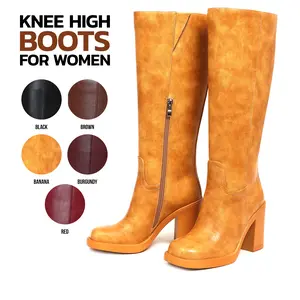 Knee High Boots For Women Square Toe Chunky Block High Heel Side Zipper Fashion Comfortable Date Dress Party Rave Trendy Banana Boots Deals For You Days