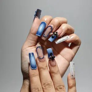 Nailypop 10 PCS Handmade Acrylic Press On Nails, Long Square, Coffin, Stiletto, Trendy Butterflies, Magic Blue, Gothic Art, Salon Quality, Application Kit Included