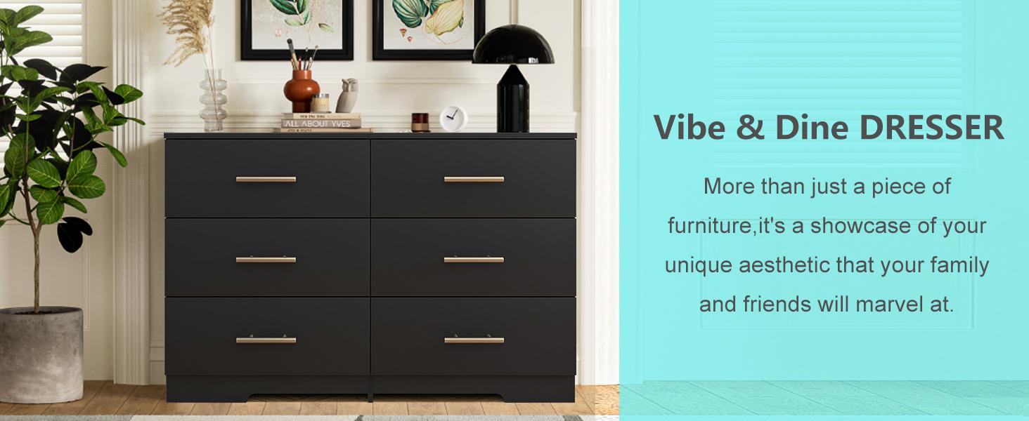 6 Drawer Wooden  Dresser, Large Storage Cabinet Modern Chest of 6 Drawers Night Table, Bedroom Storage Organizer, Storage Dresser Chest of Drawers for Bedroom, Closet, Living Room