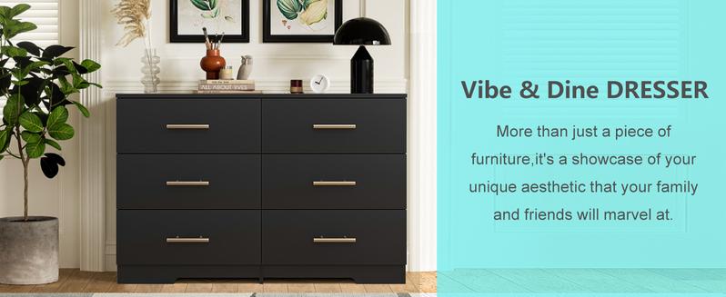 6 Drawer Wooden  Dresser, Large Storage Cabinet Modern Chest of 6 Drawers Night Table, Bedroom Storage Organizer, Storage Dresser Chest of Drawers for Bedroom, Closet, Living Room