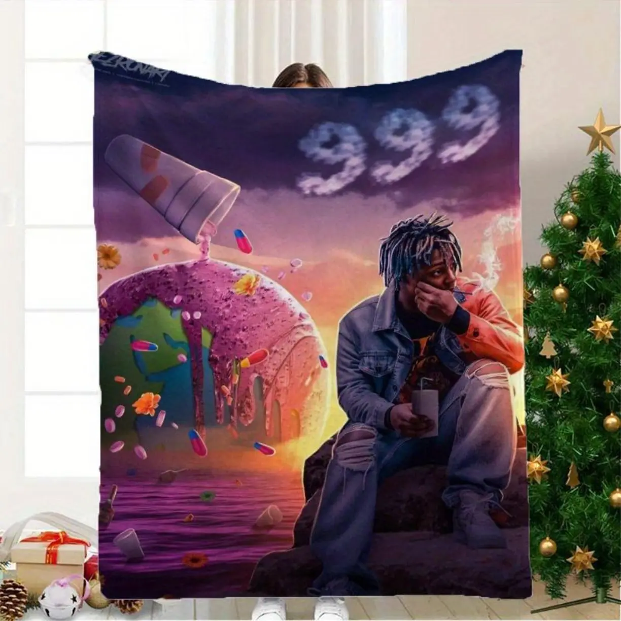 JW 999 Juice Music Themed Hip-Hop Pattern Digital Print Flannel Blanket -  Plush Blanket Suitable for Beds And Sofas, Contemporary Design for All Seasons, Machine Washable, Ideal for Travel, Camping, And Napping, a Unique Gift -