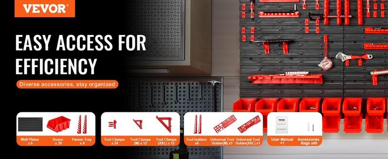 VEVOR Wall Mounted Storage Bins, 30-Bin Parts Rack Organizer Garage Plastic Shop Tool with Wall Panels/Tool Holders/Hooks, Tool Organizer for Nuts, Bolts, Screws, Nails, Beads, Buttons