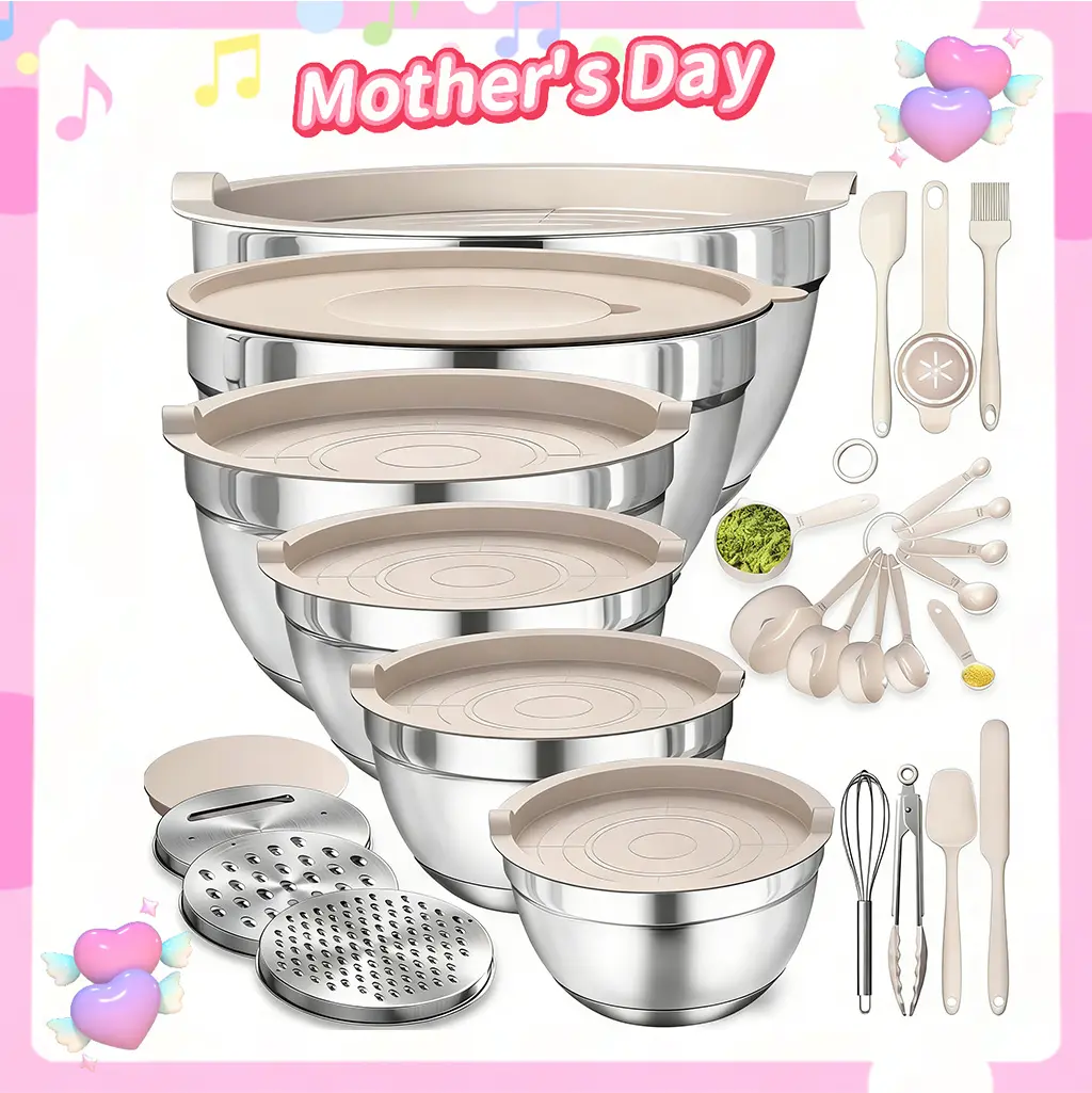 6-Piece Stainless Steel Metal Mixing Bowl Set with Lids, Graters, Easy-to-Clean Design, Baking & Grate & Whisk Ready Tableware for Camping Picnic, Kitchen Food Prep & Counter Space Saving