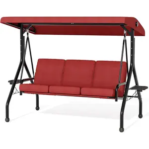 3-Seat Outdoor Porch Swing with Stand & Adjustable Canopy | Thick Removable Cushions & Cup Holders | Outdoor Swing for Adults for Backyard, Porch & Garden