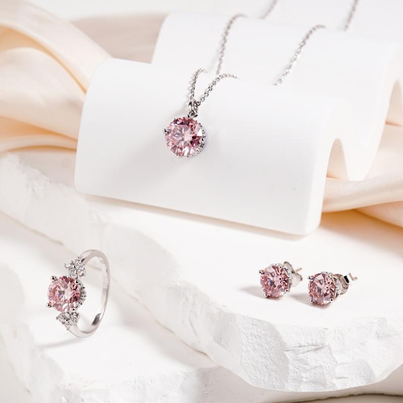 【Celestial Rose Trio】Delzzad Pink Four-Prong Stud Earrings Necklace Ring Band Set Pink Synthetic Moissanite Set Copper Jewelry Set Perfect Birthday Engagement Wedding Anniversary Christmas Valentine's Day Gifts