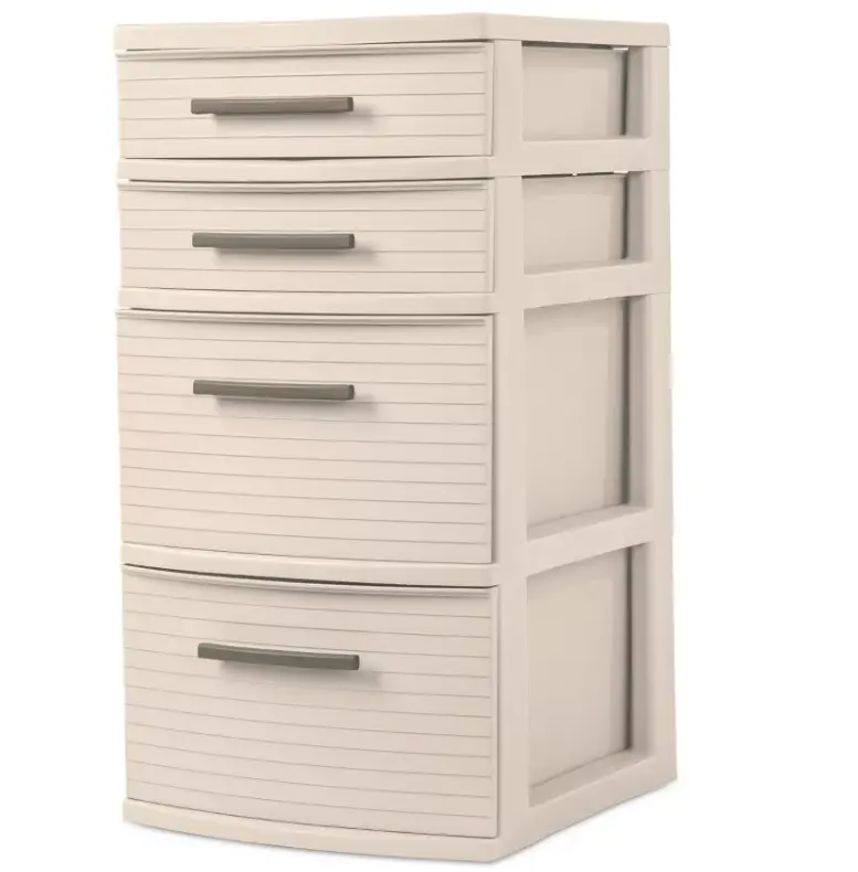 White 4-Drawer Plastic Storage Tower, Medium Vertical Dresser Organizer with Pull Out Drawers, Space Saving Storage Cabinet for Bedroom,