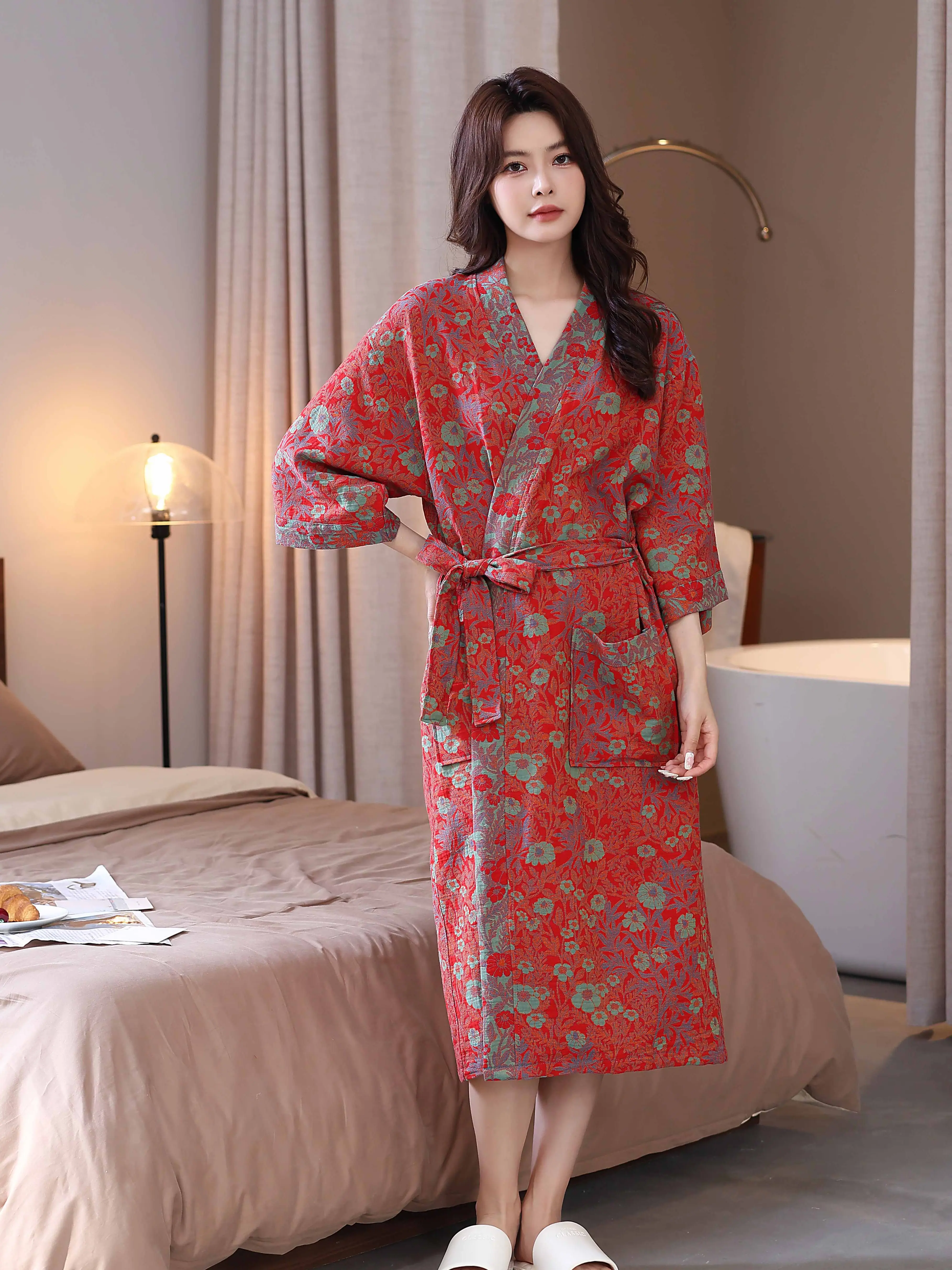 Lady's Luxury Double Gauze Cotton Bathrobe - 3-Quarter Sleeve, Belted, Casual Nightwear & Loungewear Floral Gown