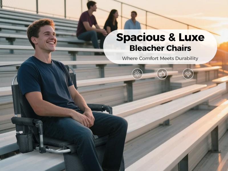 PHI VILLA Stadium Seat Chair for Bleachers with Back & Arm Rest, Bleacher Seats with Backs and Cushion Wide, Stadium Chairs with Cup Holders, Mesh Bags and Hide HooksBlack Grey Armrest Storage Lightweight Sturdy Alloy Steel Foldable Side Pocket