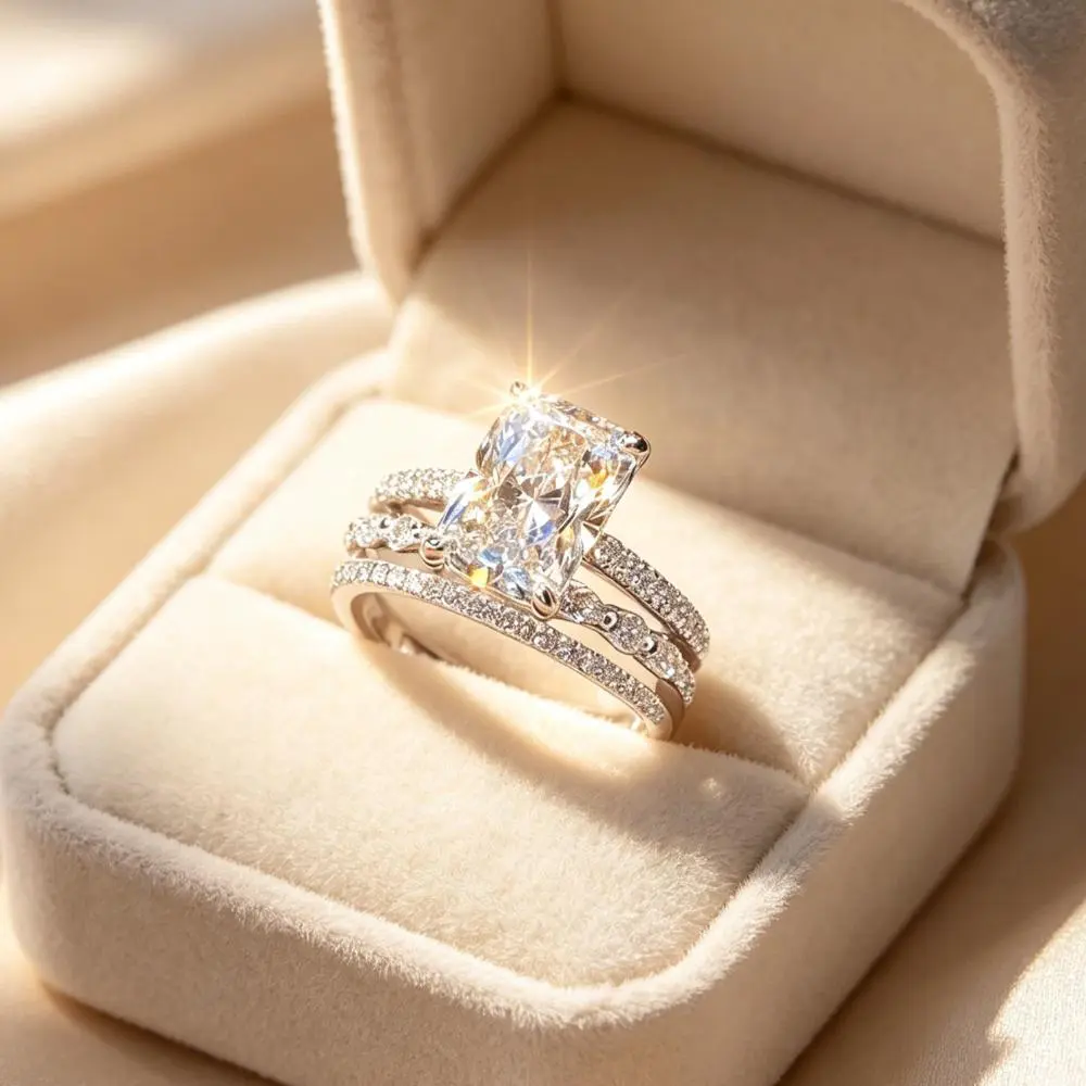 Women's Radiant Cut Engagement Ring Set - 3-Piece Twisted Pavé Stacking Jewel-Set Love Gifts for Women, Stacking Ring Set