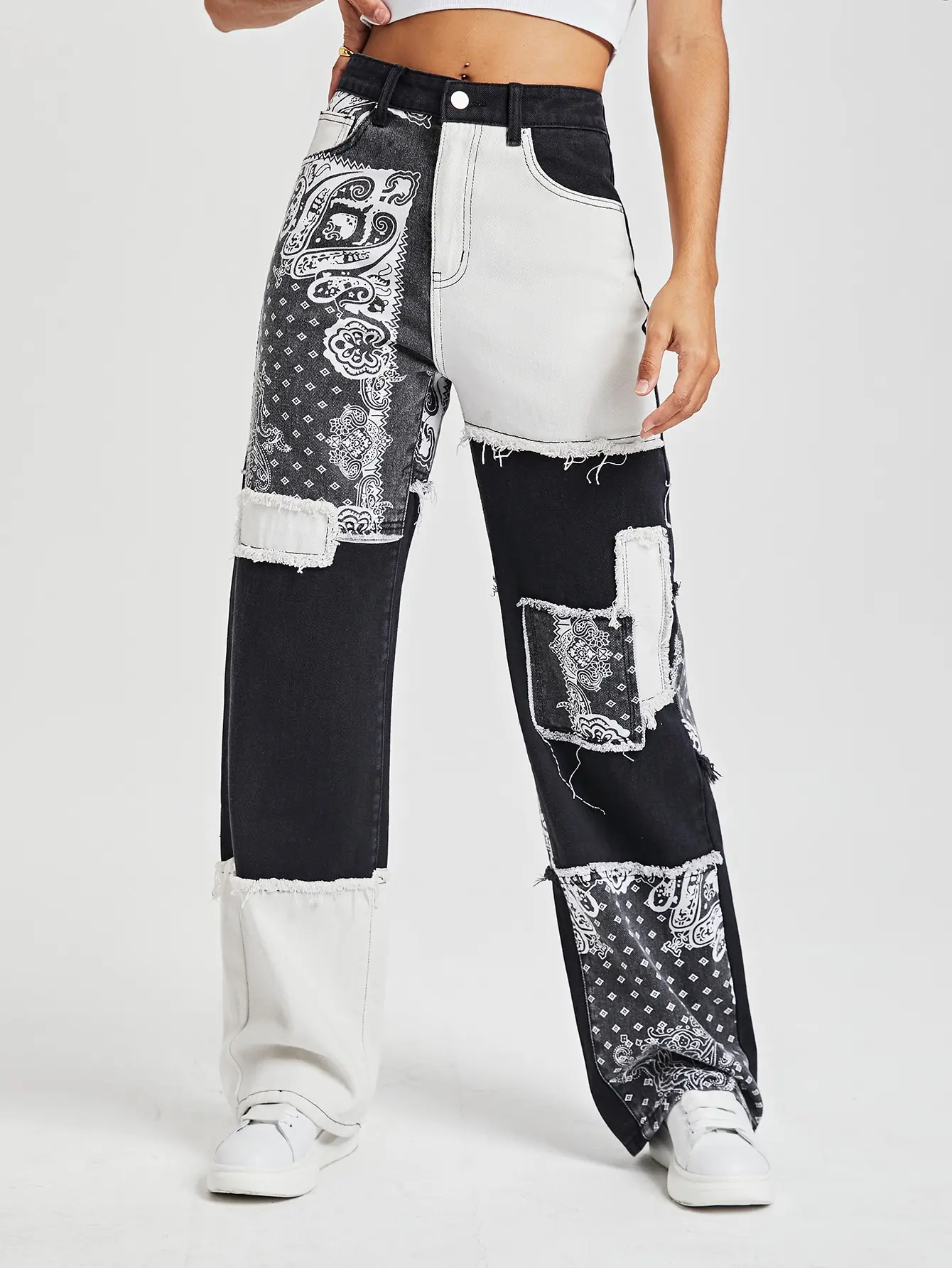 Women's Paisley Print Patchwork Denim Jean Pants - Womens Jeans Summer Outfits | Fashion Outfits | Streetwear | Y2K Two Piece Outfits | Women's Clothing Womenswear | Casual Womenswear