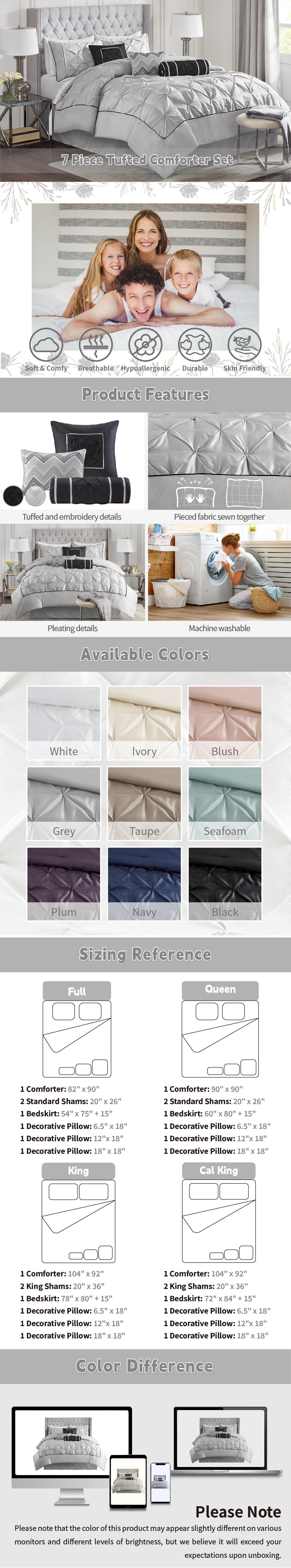 7 Piece Comforter Set with Pillows, Bed Skirt, and Shams, Hypoallergenic, Machine Washable, Moisture-Friendly for All Seasons