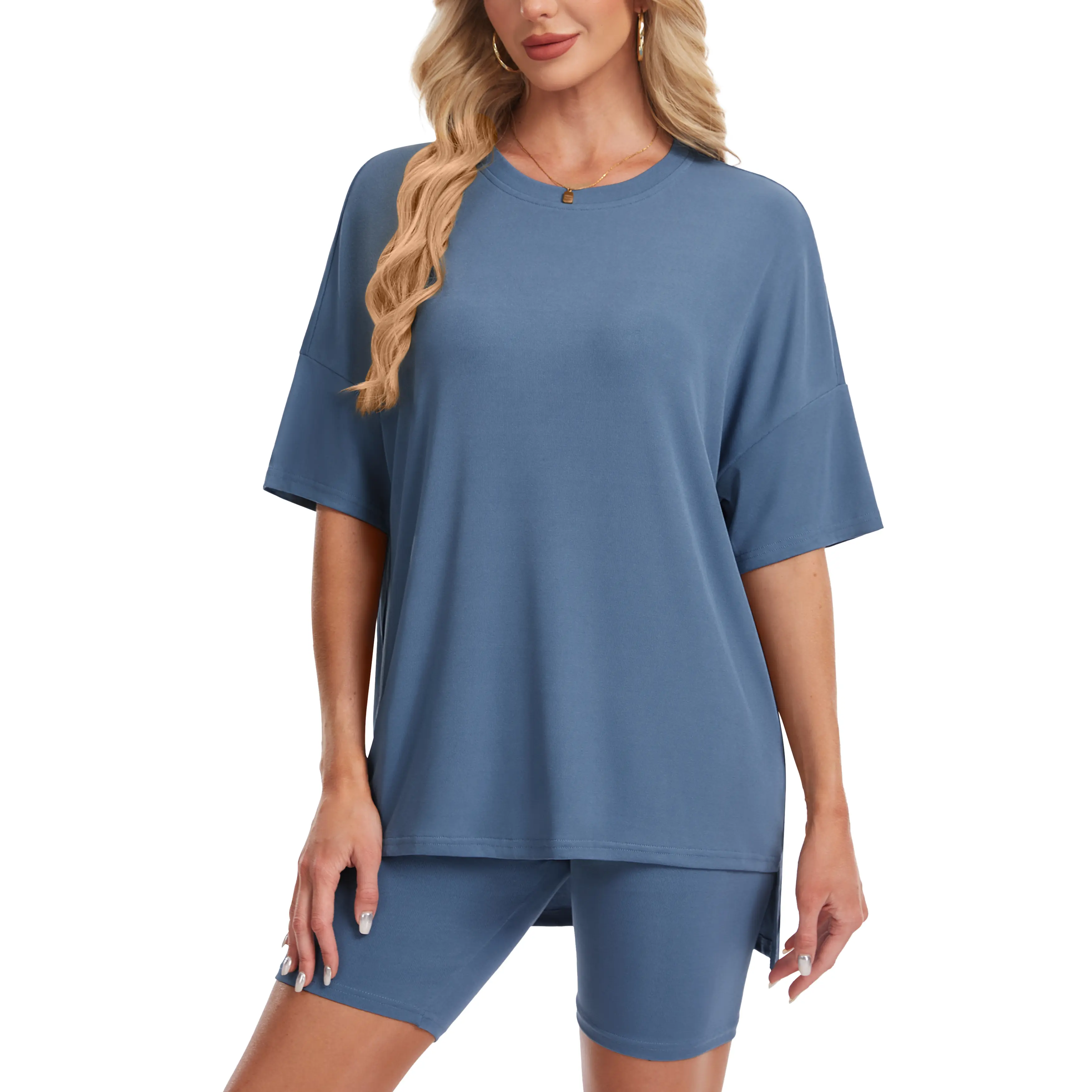 YUCOLEN Women's 2-Piece Casual Solid Dress Set, Loose Round Neck Lightweight Oversized Short-Sleeve Shirt & Shorts, Baggy Fabric Lounge Outfit