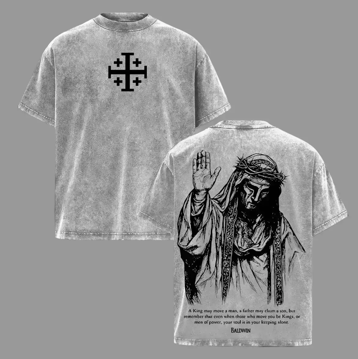 Men's Cotton Soft Short-Sleeve Oversized Seamless Baldwin IV "The Leper King" Washed T-Shirt - Menswear Top, Crusader King of Jerusalem Tee, Jerusalem Cross Medieval Christian Gothic Streetwear