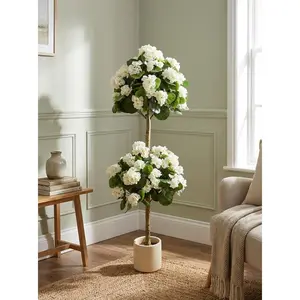4FT Set of 2 Artificial two ball geraniums topiary in plastic and silk in a white pot, for indoor/outdoor decor,Home decoration,White