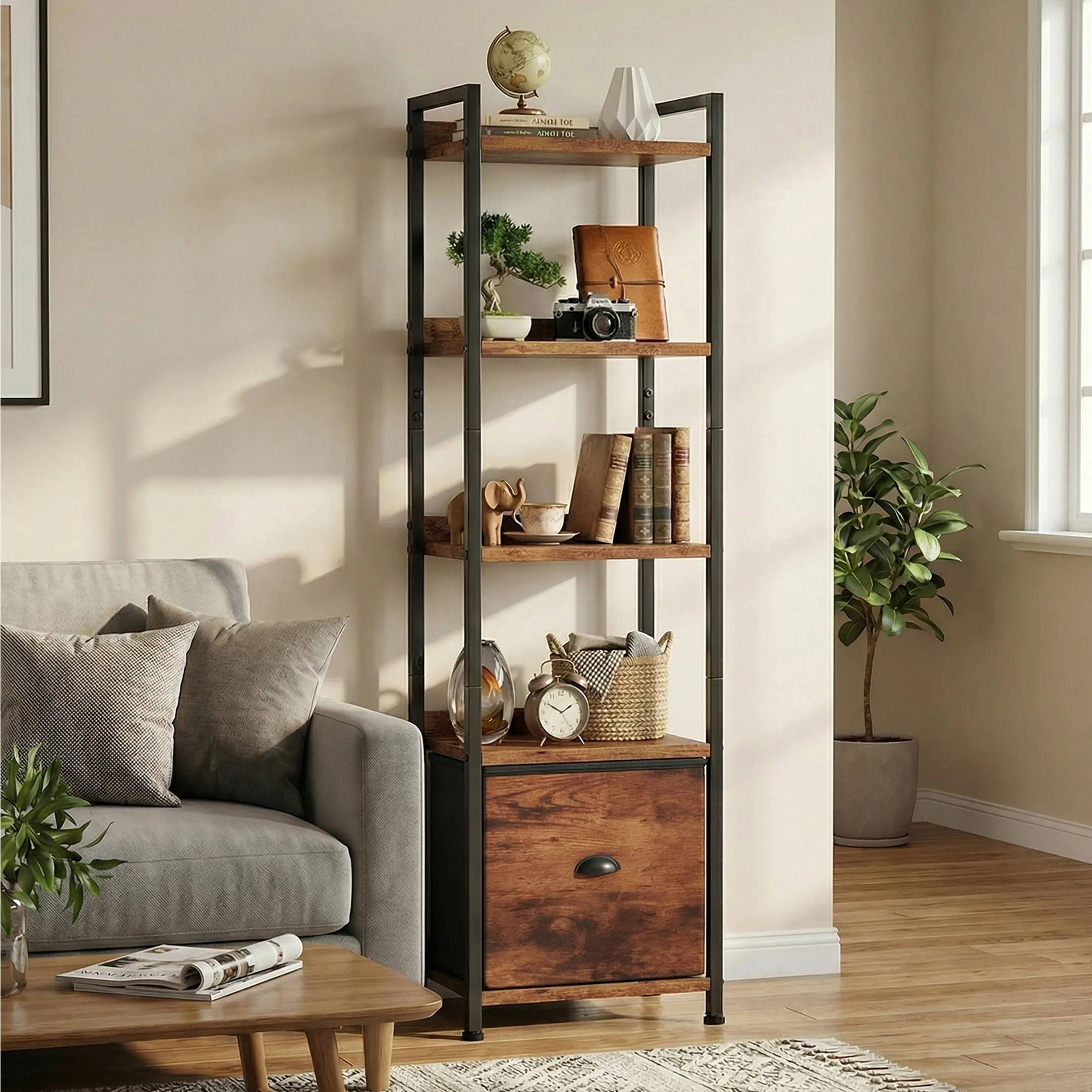 Sweetcrispy Modern Slim Wood-Metal Tall Narrow Bookshelf - 15.35in Wide, Metal Frame, Fabric Drawer, Assembly Required, Books Organizer Storage, Family Friendly Furniture for Small Spaces, Nursery, Shelves for Bedroom