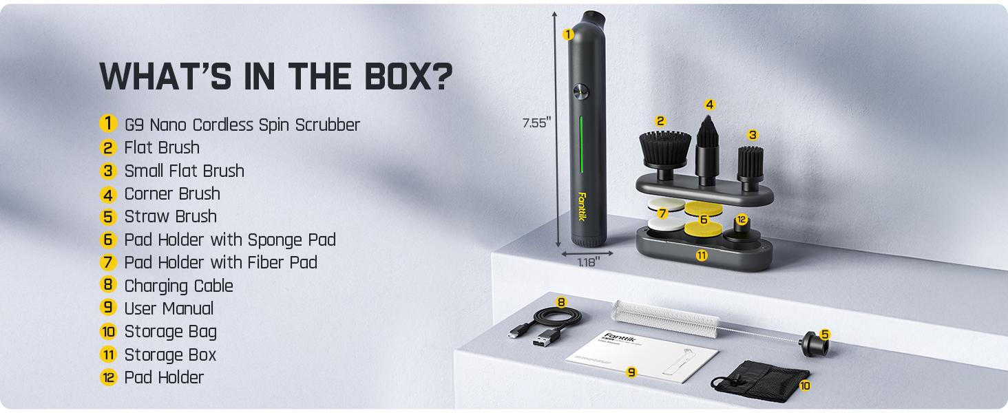 Fanttik G9 Nano Electric Spin Scrubber, Cordless Power Grout Brush, Type-C Fast Charging with LED Power Display, IPX7 Waterproof, 8 Replaceable Heads for Cleaning Grout, Corners, Crevices