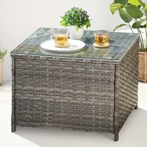 Ovios Grey Wicker Patio Table with Tempered Glass Top, Outdoor Rattan Side Table Coffee Table with Durable Frame, All-Weather Furniture for Backyard Garden Deck Porch Conversation Set