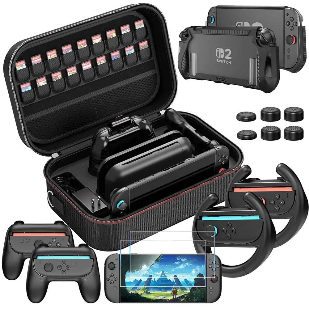 Nintendo Switch 2 Accessories Bundle - Dockable Case, Tempered Film, Racing Wheels & Joycon Grip|Black Friday Hot Pick