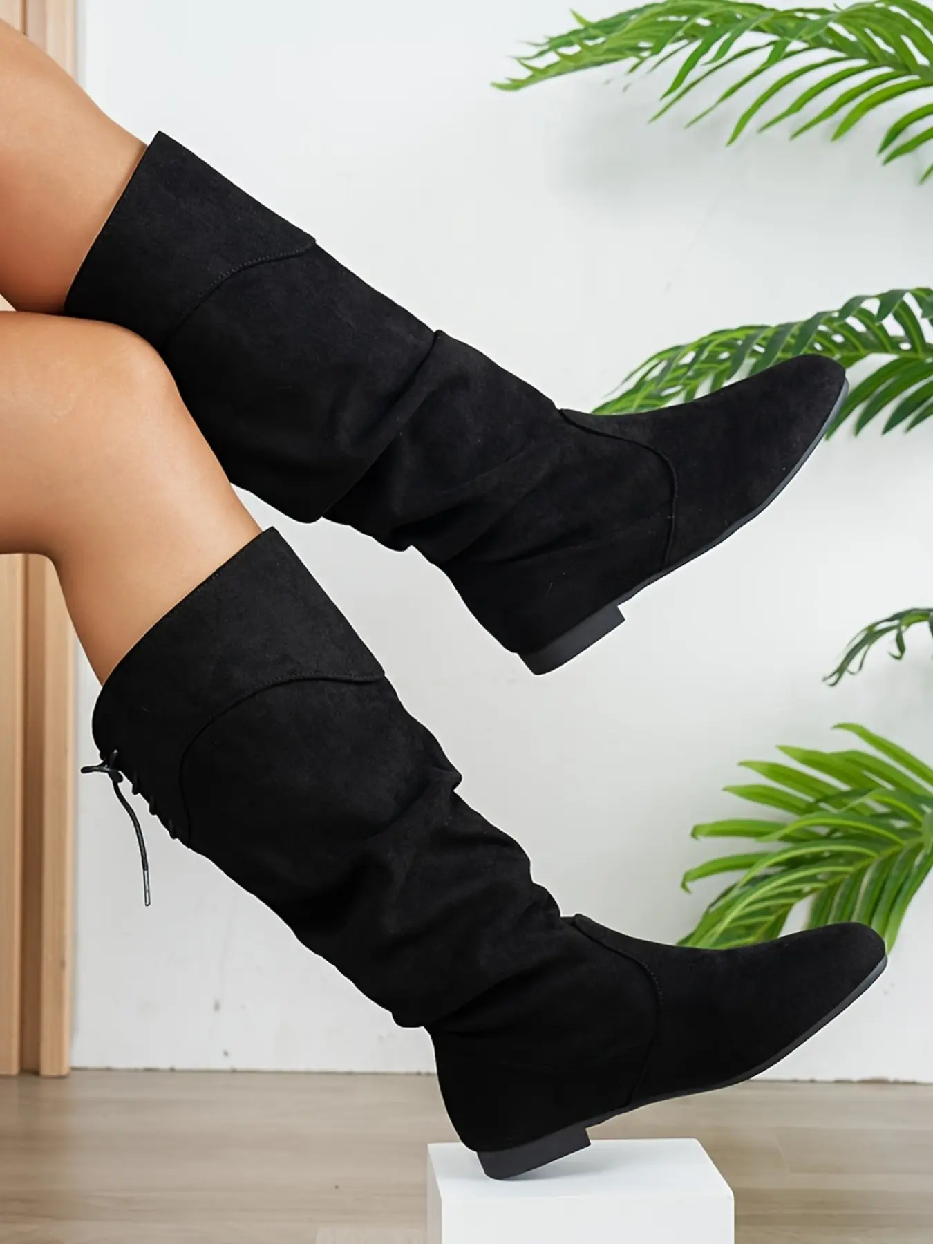 Women's Knee-High Low Heel Fashion Boots, Heeled Knee Boots, Comfortable Walking, Unique Ruched Design, Casual or Mature Style, Winter Long Boots, Back Lace-Up Detail