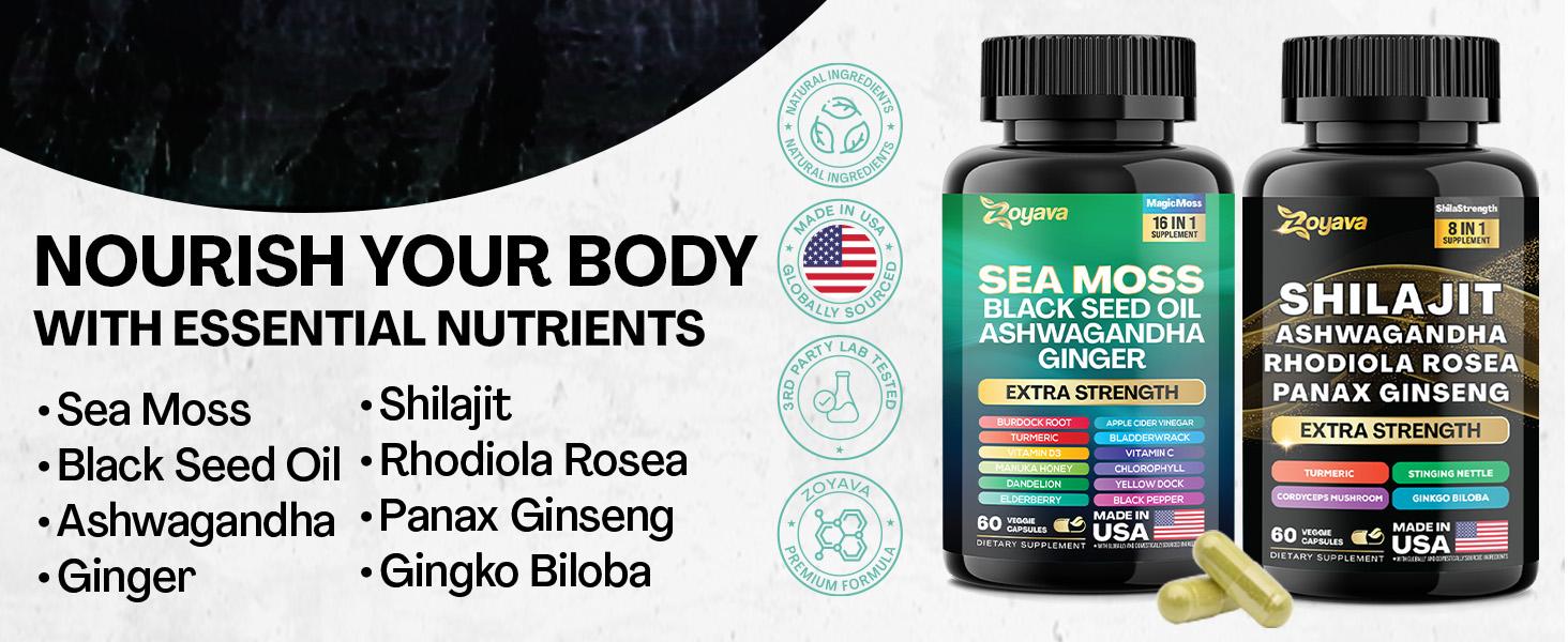 Dynamic Vitality Bundle - Zoyava Sea Moss & Shilajit Supplements - All-in-One Multivitamin Combo with Extra Strength Ingredients - MADE IN USA