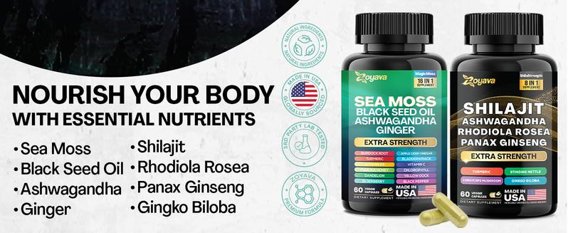 Dynamic Vitality Bundle - Zoyava Sea Moss & Shilajit Supplements - All-in-One Multivitamin Combo with Extra Strength Ingredients - MADE IN USA