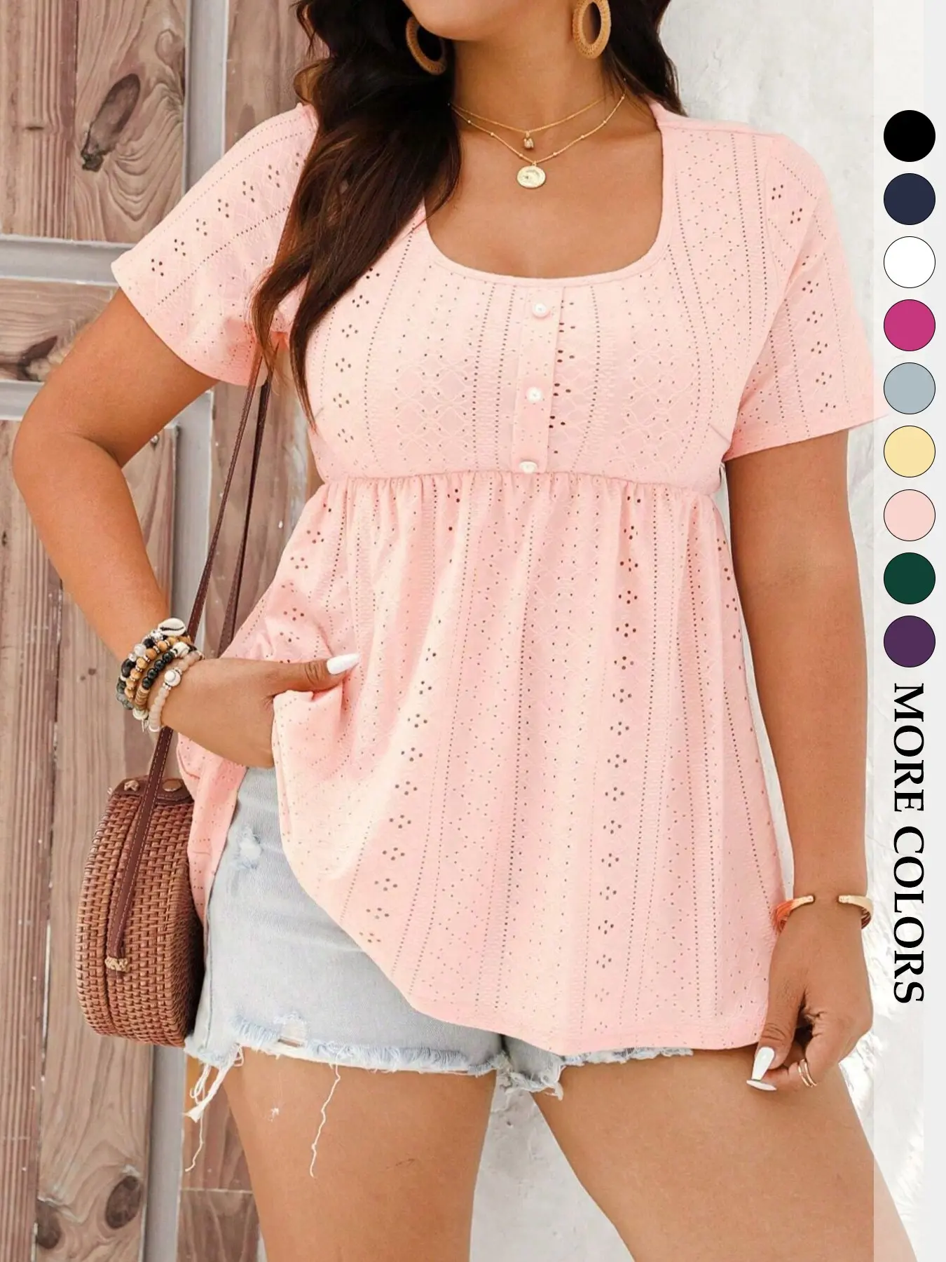 Women's Plus Size Babydoll Eyelet Peplum Top, Shirts, Boho Clothing, Short Sleeve Scoop Neck Pearl Button Casual Chic Bohemian Blouse, Flowy Tummy Control Fit Boho Summer Style