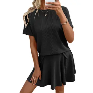 EVALESS Women's 2 Piece Sets Ribbed Knit Short Sleeve Tops & Lined Pleated Mini Skirt Lounge Sets Comfy Summer Outfits Soft Tracksuit Basic Womenswear - Casual
