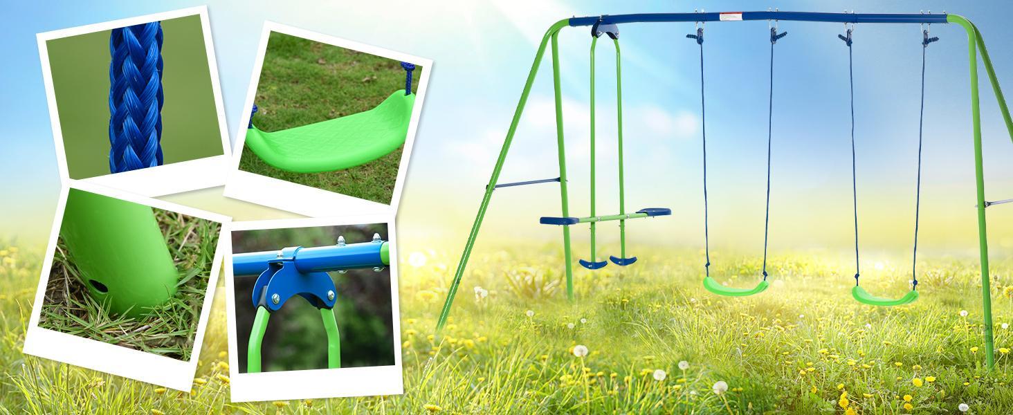 Outsunny Metal Swing Set with Glider, Two Swing Seats and Adjustable Height, Outdoor Heavy Duty A-Frame Suitable for Playground, Backyard, Green Wooden Slide Durable