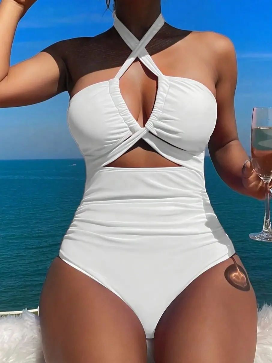 Cross Halter Cutout One-Piece Swimsuit, Ruched Tummy Control Slimming Bathing Suit in Black/White/Pink/Orange/Teal/Green for Women Beach Vacation Beachwear Swimsuits Beach Fashion Swimsuit, Body Con Swimwear Beach Pool Swimsuit Beach Party Swimsuit