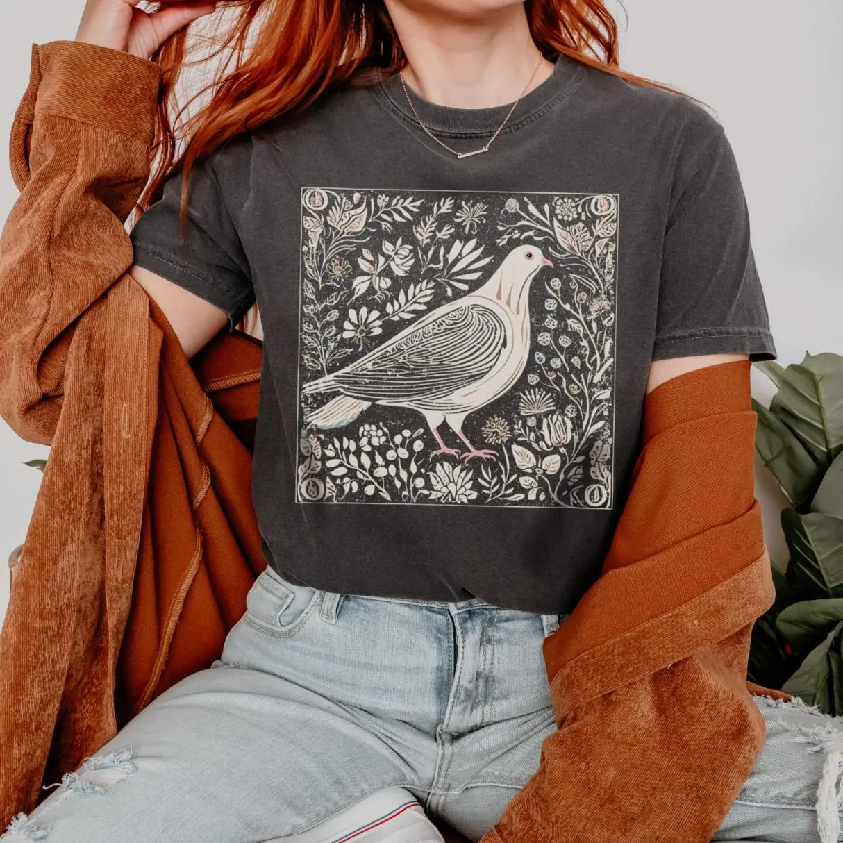 Pigeon Shirt Linocut Tshirt Bird Nerd Tee Folk Art Dove Shirt Granola Girl Aesthetic Whimsical Flowers Shirt Pigeon Lover Bird