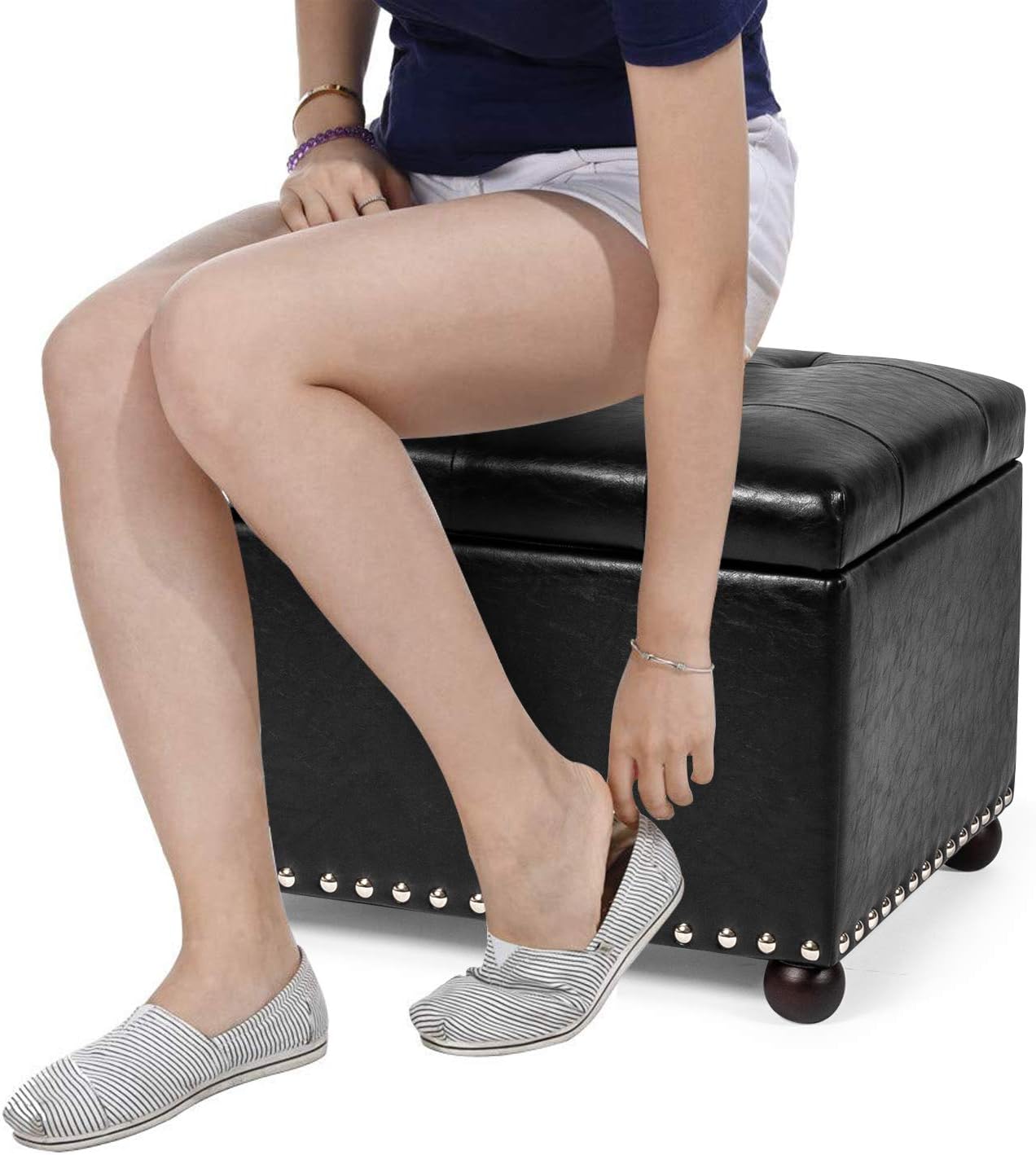 Adeco Rectangular Storage Ottoman, PU Leather Tufted Storage Bench with Lift Off Lid, Coffee Table Footrest Seat for Living Room Bedroom