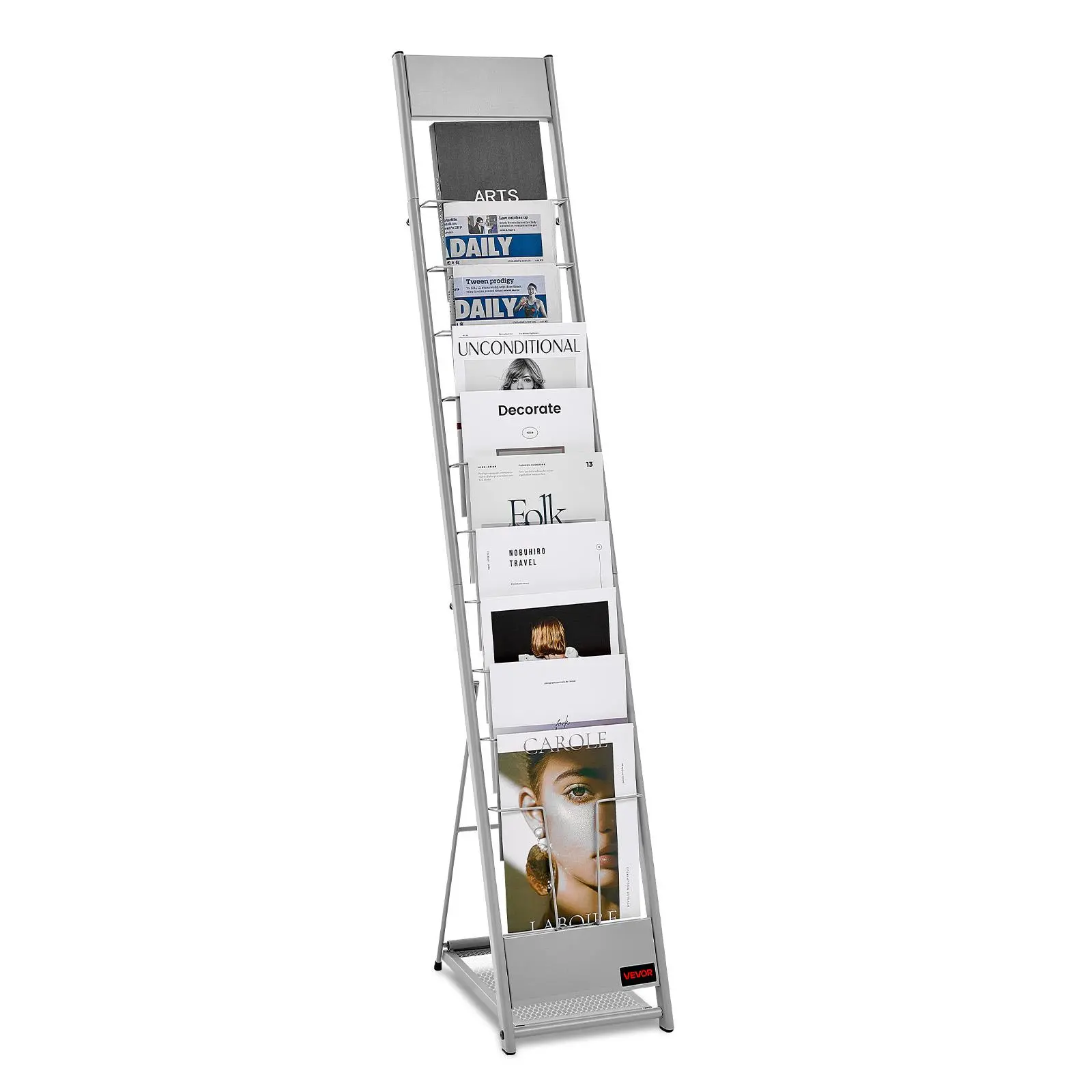 【Summerfinds】VEVOR Metal Floor Standing Brochure Display Rack, 10-Compartment Magazine Literature Holder, Portable Newspaper Catalog Stand for Shop, Office, Trade Shows, Silver